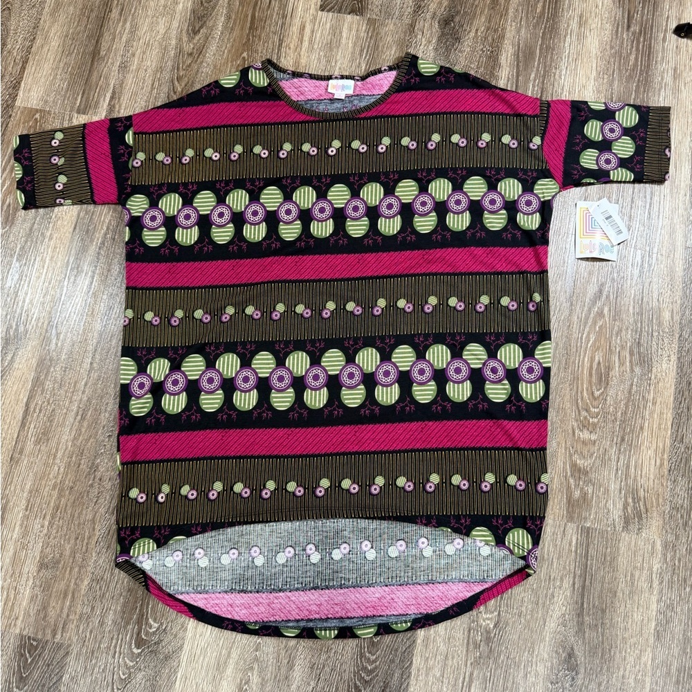 NWT Lularoe Irma Hi Lo Tunic Blouse Black pink green‎ geometric stripes sz:S